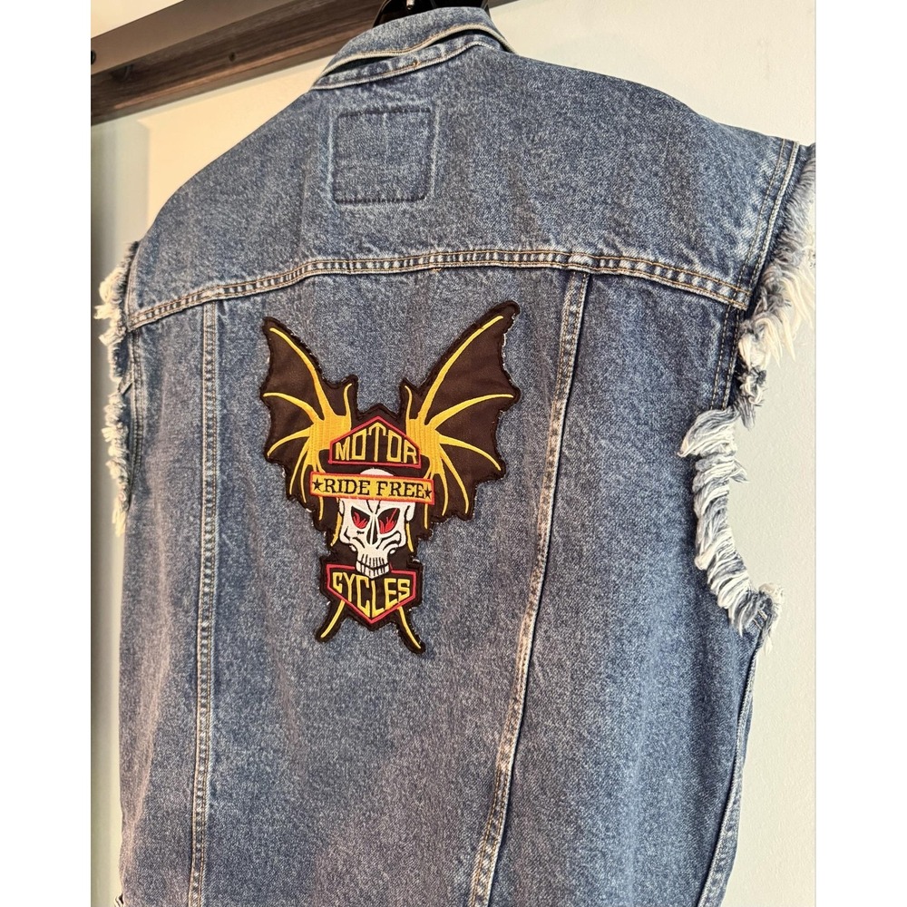 Levi Signature Vest Mens M Blue Denim Biker Cutoff Batwing Skull Back Patch - Picture 7 of 16